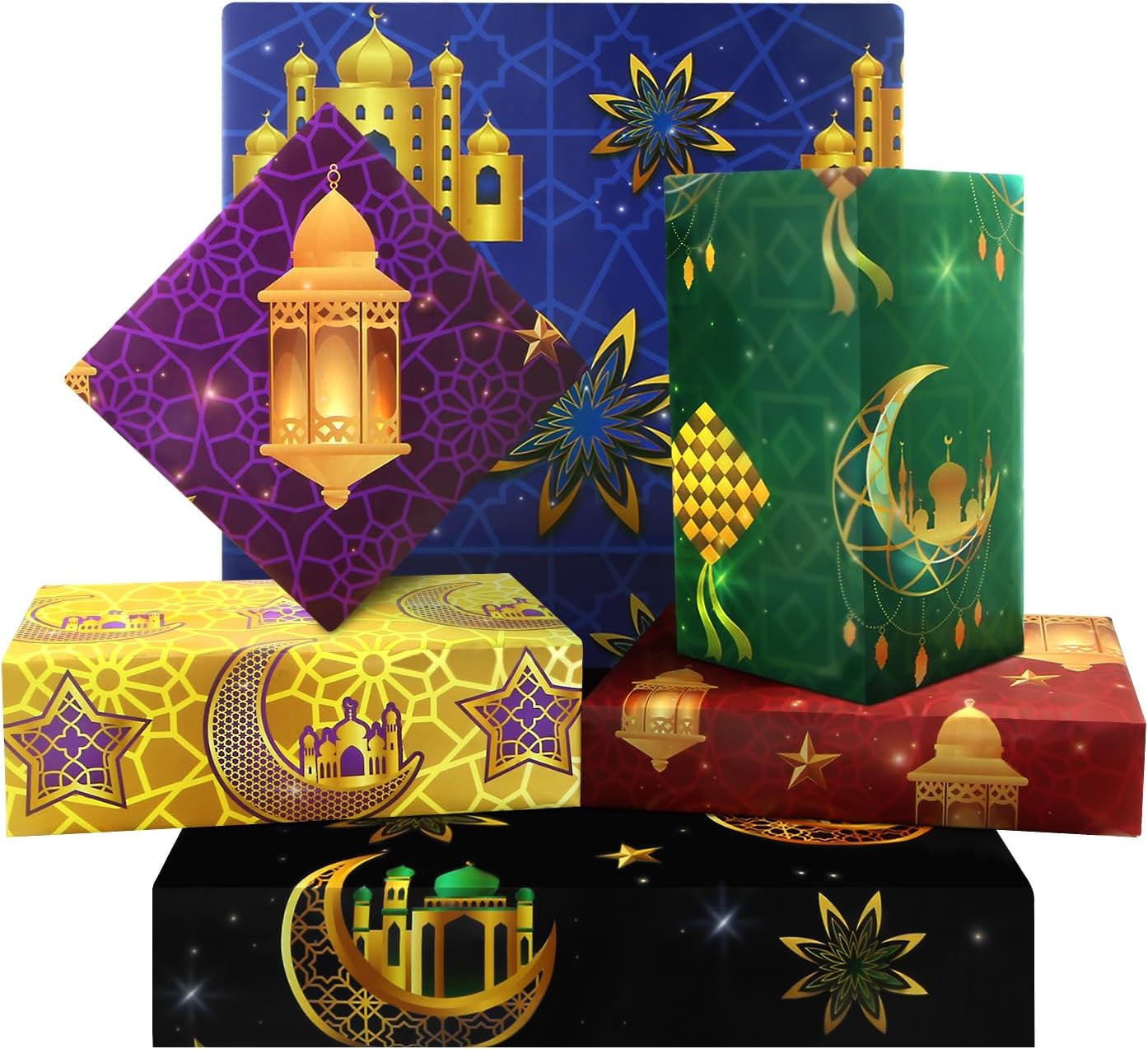 Eid Gift Wrapping Paper Ramadan Wrapping Paper 6 Pieces, Moon Mosque Lantern Eid Mubarak Gift Wrap in 6 Designs for Islam Women Men Holiday Birthday Eid Al-fitr Party DIY Craft Gift Packing Wrap