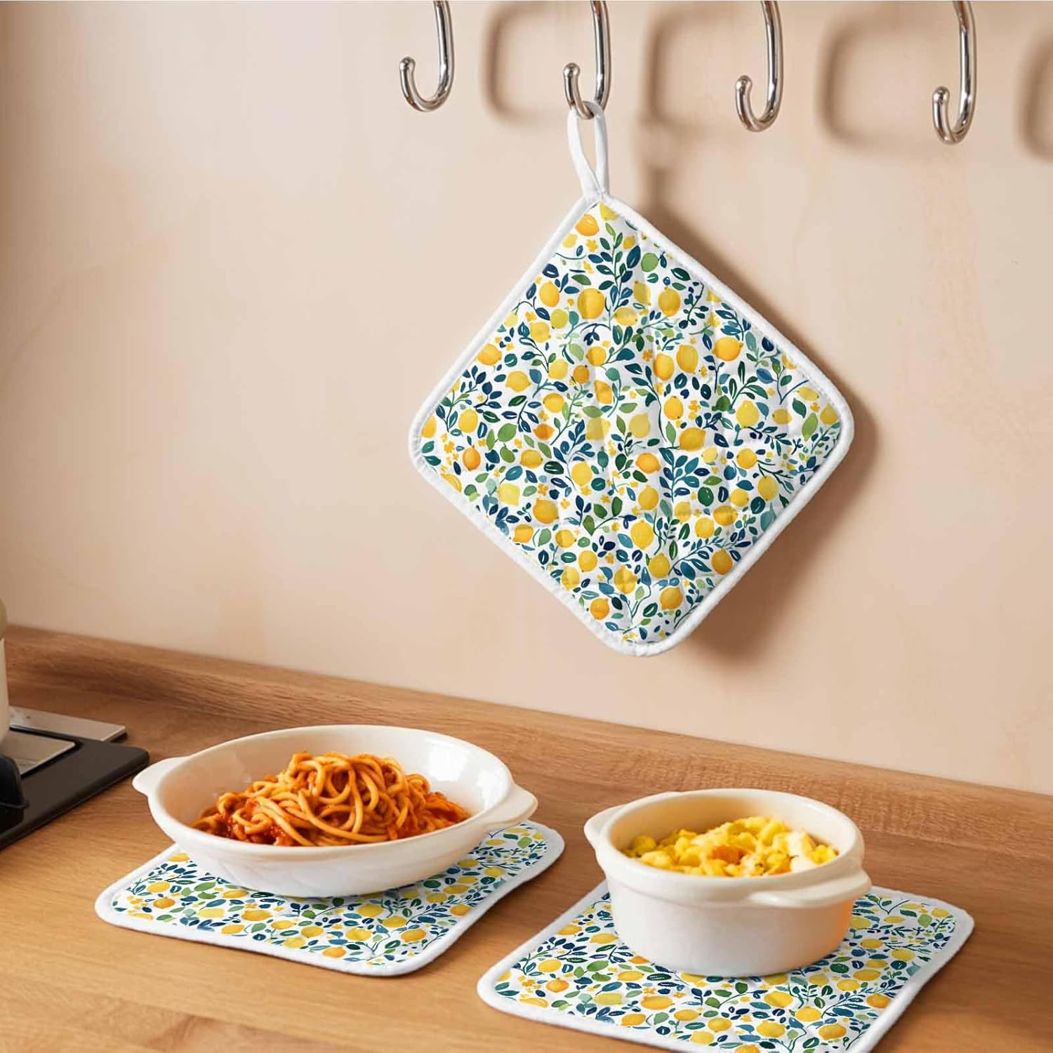 5 Pack Pot Holders for Kitchen, Lemon Hot Pads for Kitchen Countertops Oven Pot Holder Bulk, Orange Yellow Fruit Botanical Green Leaves Summer Heat Insulation Potholders with Hanging Loops
