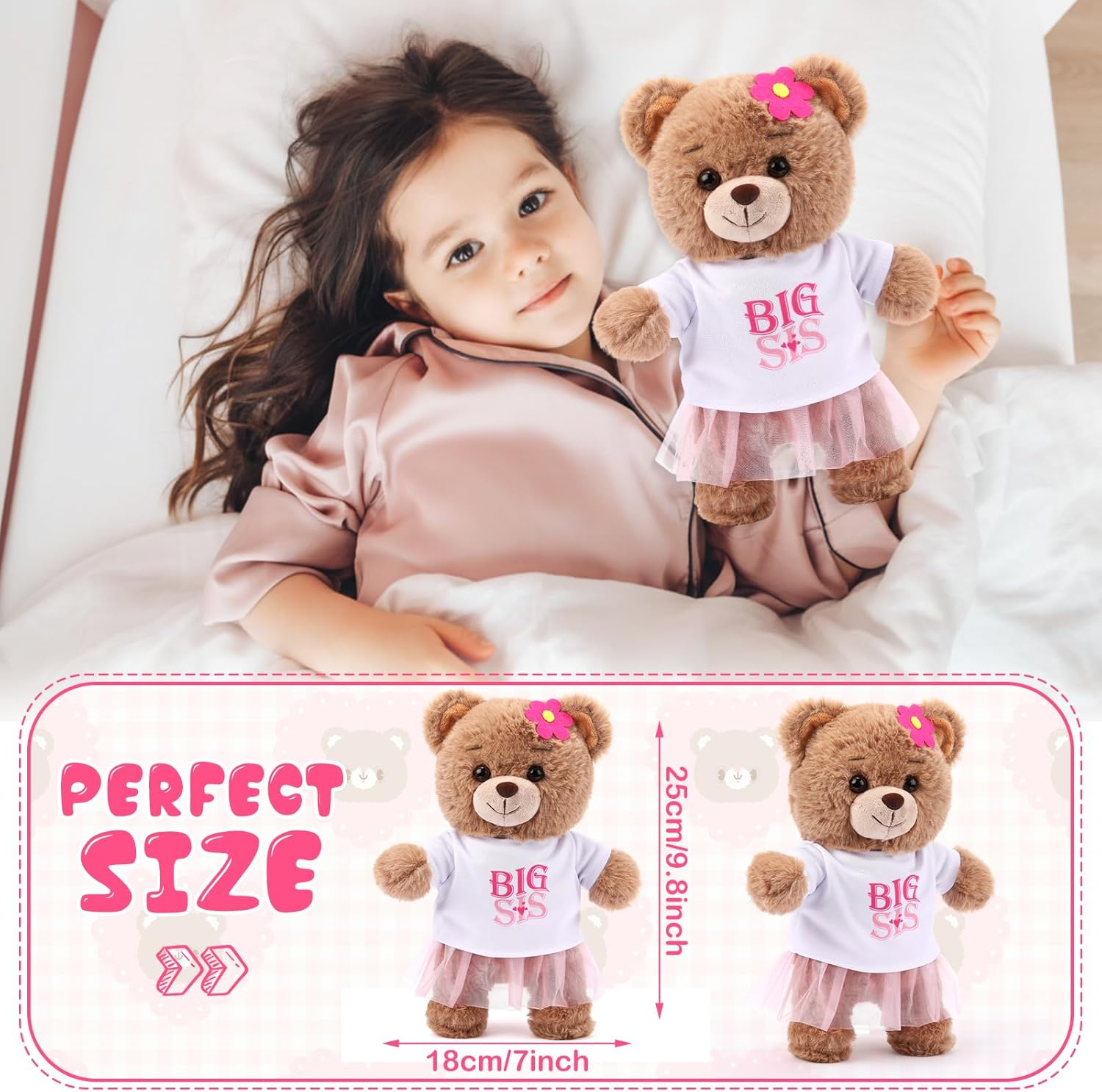 Civaner Big Sister Gifts for Girls 9.8" Bear Stuffed Animal with Removable White T-Shirt Pink Skirt Big Sister Plush Bear to Celebrate Girl Promoted to Sis Newborn Siblings Baby Shower Birthday Gift