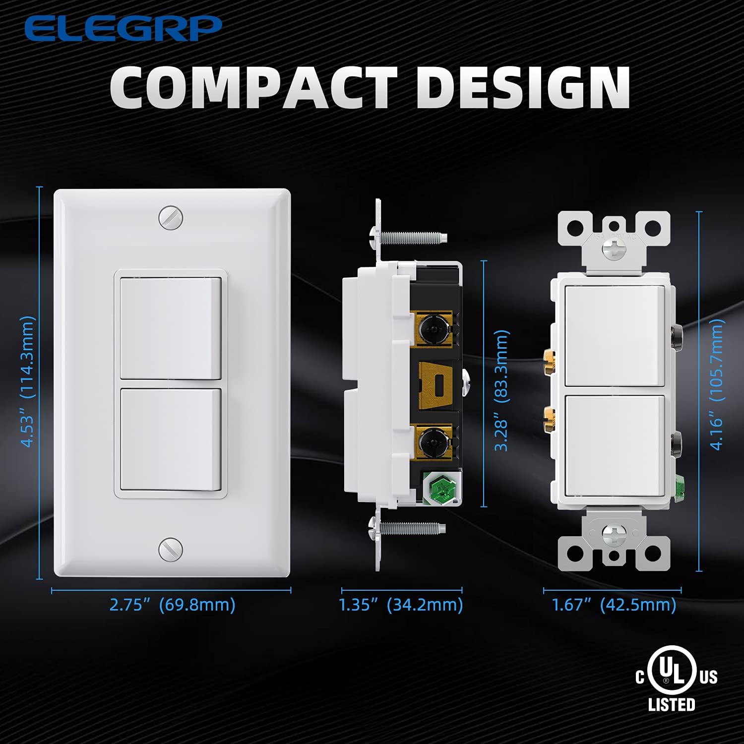 ELEGRP Decorator Double Rocker Light Switch, Two Single Pole Electrical Paddle Switch, 15A, 125V, In-wall On/off Switch, Self-grounding, Wall Plate Is Included, UL Listed (1 Pack, Glossy White) - - 