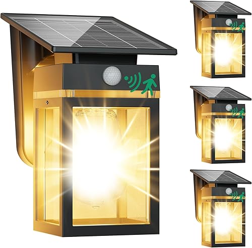 Miniatura 12 de Paquete de 2 Luces Solares para Porche Exterior, de Anochecer a Amanecer y Sensor de Movimiento Luz de Pared con Forma de Linterna, 3 Modos IP65