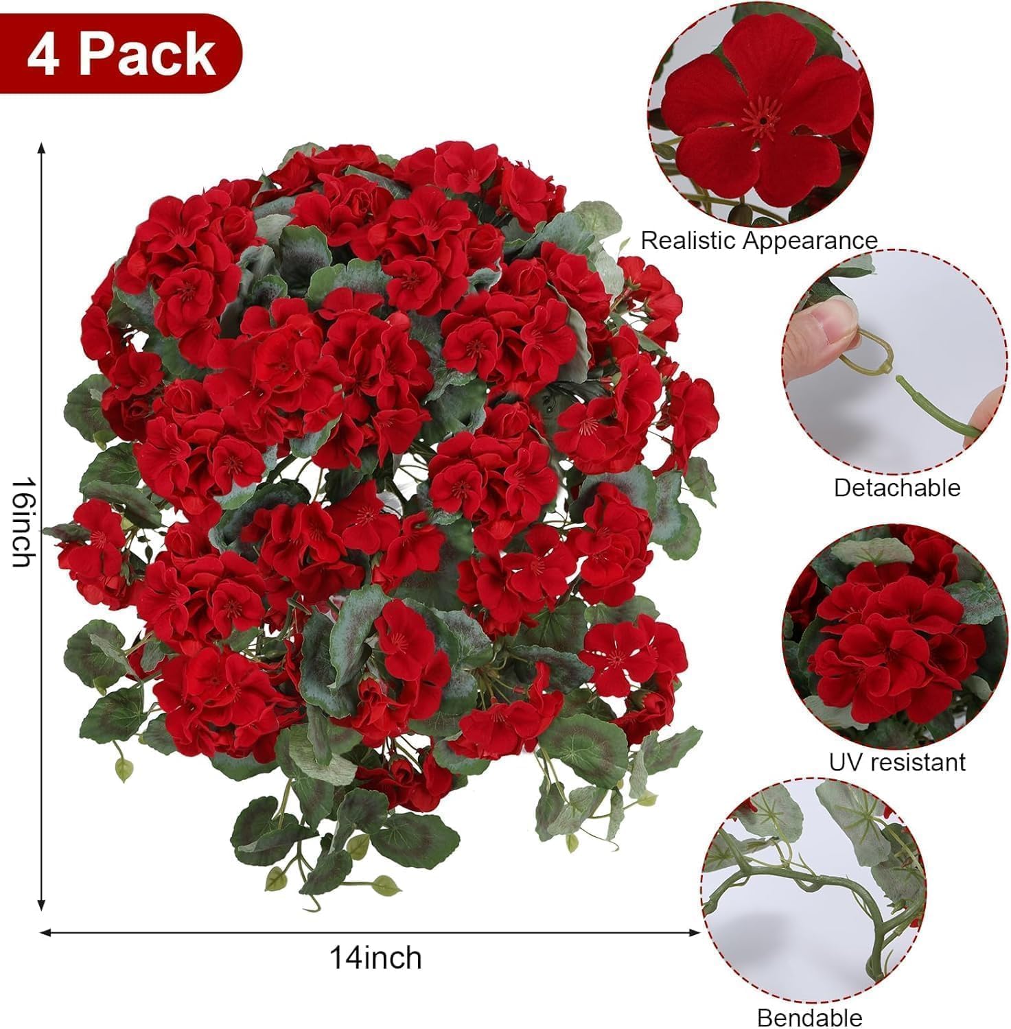 4 Pack Artificial Geranium Flowers with Real Touch Leaves, UV Resistant Silk Red Geranium Bush for Indoor Outdoor Decor, Realistic Fake Plants for Farmhouse Home Garden Patio (Vase Not Included)