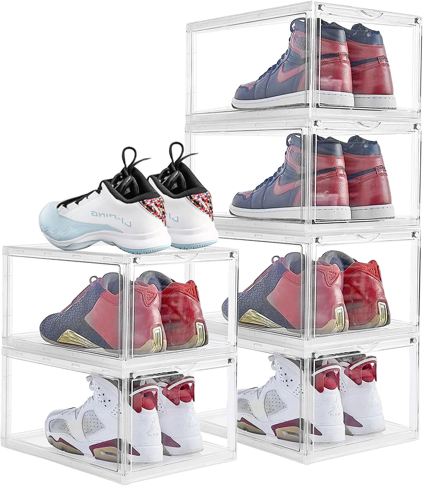 URbazaar 6 Pack Large Plastic Shoe Storage Box Have Magnetic Suction Cover Stackable Clear Shoe Organizer Portable Flip Lid Dust Proof Shoes Container Drawer for Home Store(34.5x27x19cm)