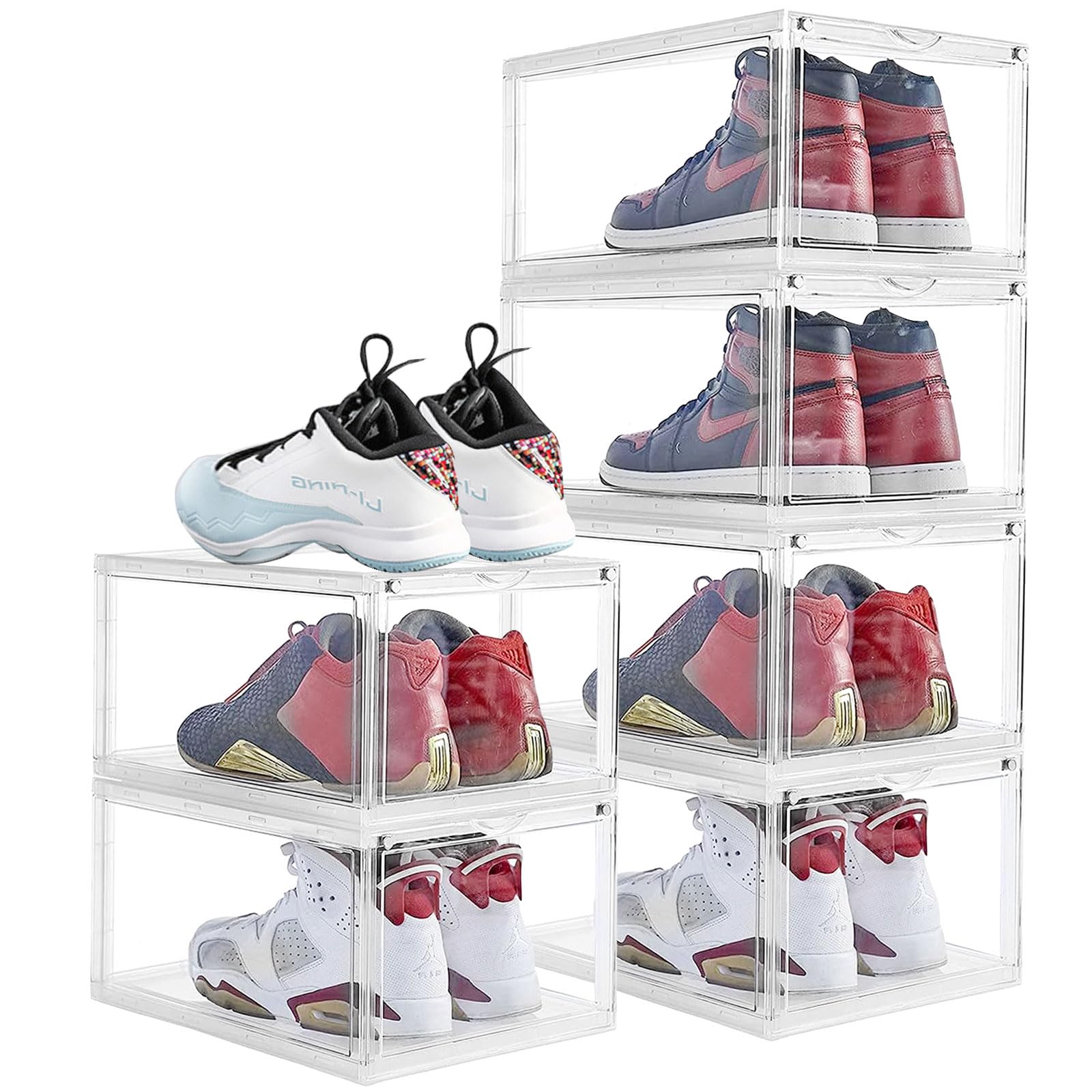 URbazaar 6 Pack Large Plastic Shoe Storage Box Have Magnetic Suction Cover Stackable Clear Shoe Organizer Portable Flip Lid Dust Proof Shoes Container Drawer for Home Store(34.5x27x19cm)