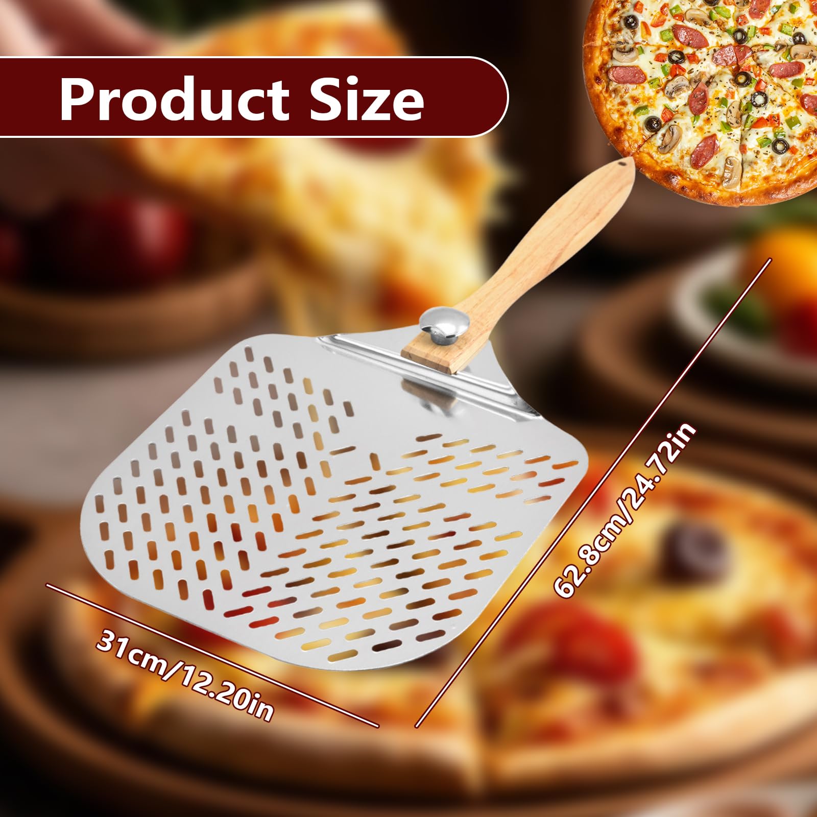 Pelle a Pizza, Pelle à Pizza Perforée en Aluminium, Pelle à Pizzaiolo en Acier Inoxydable avec Poignée Amovible, Pelle à Pizza Avec en Bois Pliable pour Cuisson de Pizzas, Pain