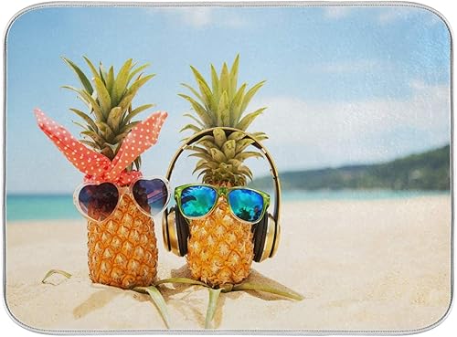 Tapete de secado de platos de gnomo de playa pequeño para decoración de encimera de cocina, 16 x 18 pulgadas, almohadilla de vajilla de absorción