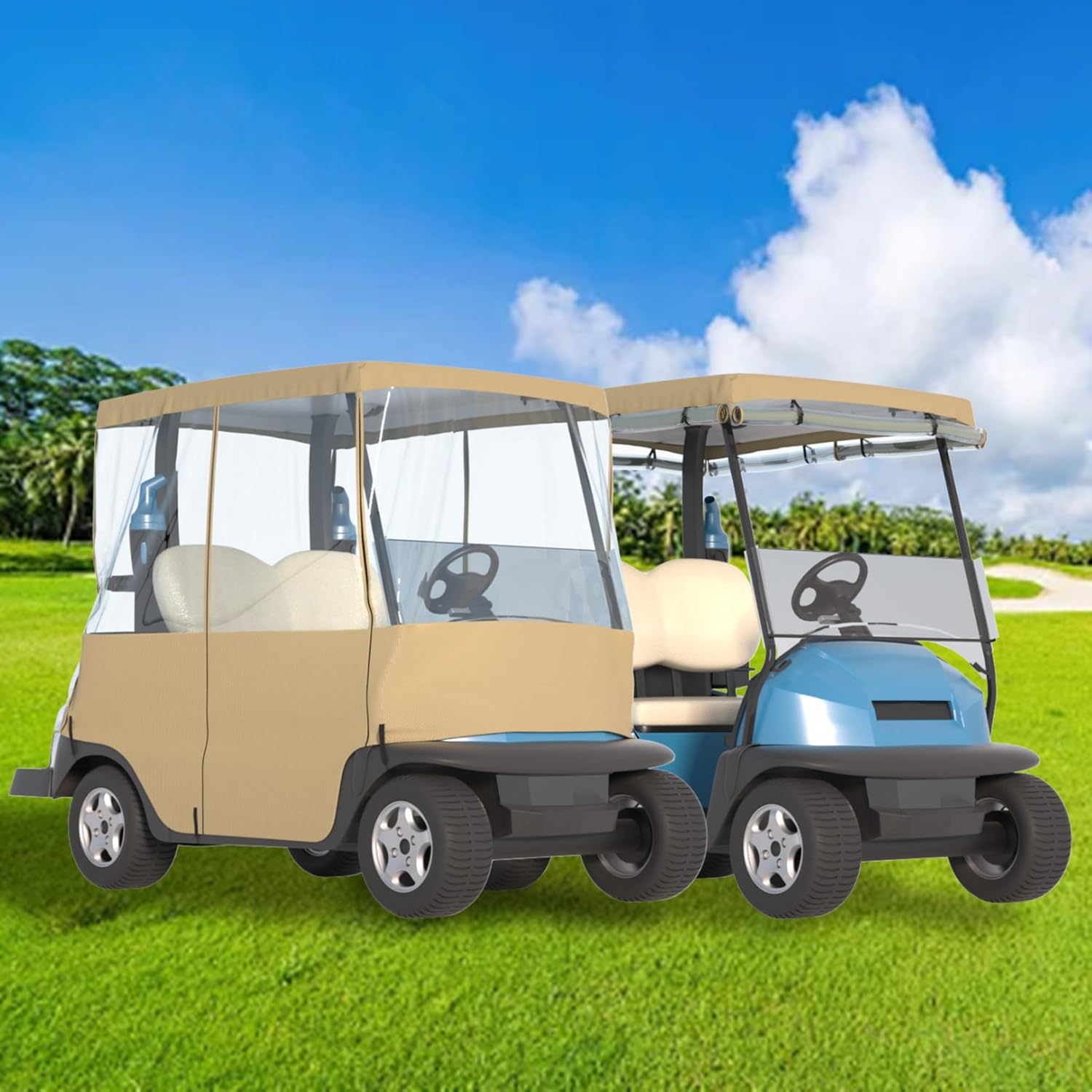 BENVOL Golf Cart Cover 2 Seater Drivable Enclosure - Fits Club Car Precedent, Tempo & EZGO TXT (Roof Up to 58") - 900D Heavy Duty Khaki Waterproof Rain Cover with 0.5mm Clear Vinyl Windows