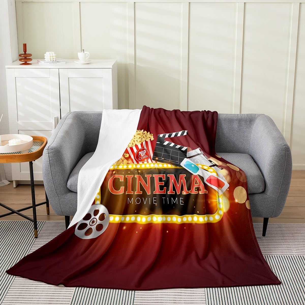 Home Theater Decor Throw Blanket Twin Size, Clapboard Popcorn Filmstrip Fuzzy Blanket for Bed Sofa, Film Theme Decor Plush Bed Blanket, Red Cinema Style Soft Microfiber Fleece Blanket Bedroom Decor