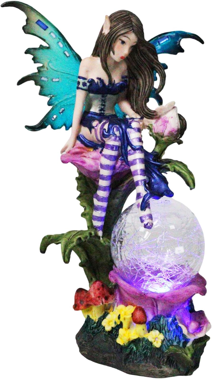 Ebros Gift Beautiful Blue Butterfly Winged Elf Pixie Fairy Sitting On Flower with LED Frosted Crystal Night Light Ball Figurine Faery Garden Fantasy Fairies