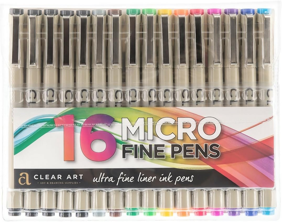 Micro Line Ultra Fine Point Ink Pens - Set of 16 – 5 Black and 11 Assorted Colors – Journaling – Technical - Archival – Illustrating – Drawing - Essential Art Supplies