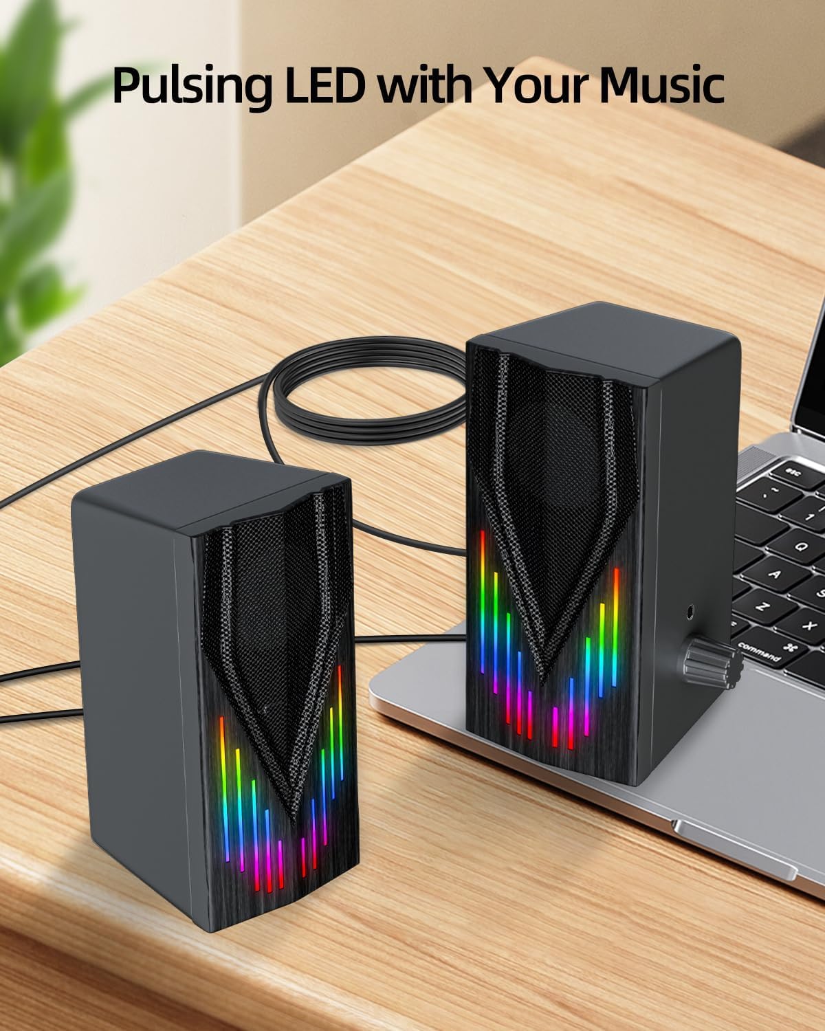 Uakinat Altoparlanti per computer con 6 luci RGB colorate, alimentati tramite USB AUX da 3,5 mm con suono stereo forte, ingresso cuffie per desktop, PC/laptop/tablet telefono