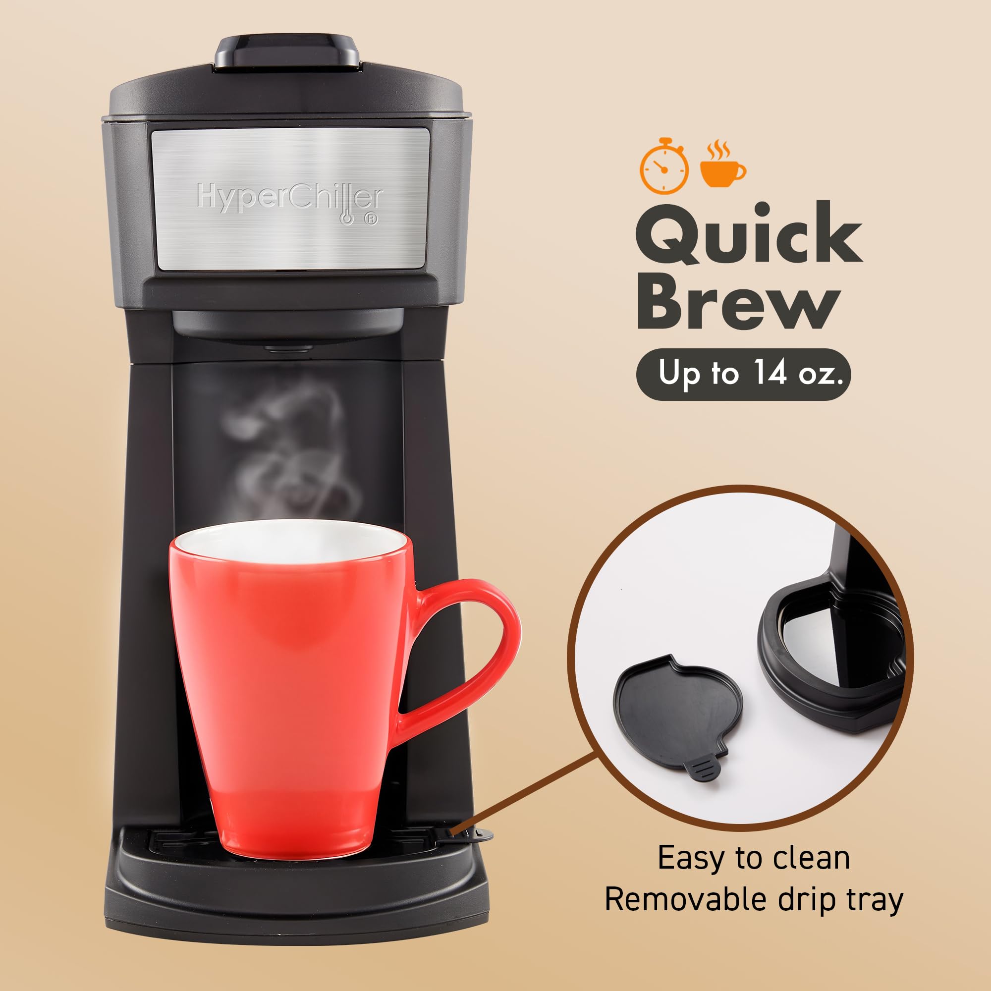 HyperChiller EHC210N - Cafetera helada/caliente, K-Cup o café molido, 8, 10 o 12 onzas, soporte extraíble para K-Cup y filtro de malla reutilizable, bandeja de goteo, negro/acero inoxidable
