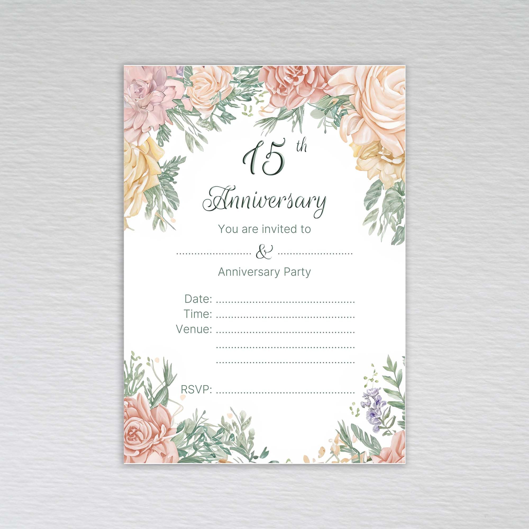 Webspectations Pack of 15th Wedding Anniversary Party Invitations: Autumn Peony 15th Anniversary Invites (Pack of 50 without Envelopes)