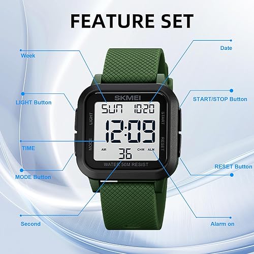 Miniatura 5 de SKMEI Reloj deportivo digital para hombre, ultrafino, grande, impermeable, con cronómetro, temporizador de cuenta regresiva, función de alarma, luz