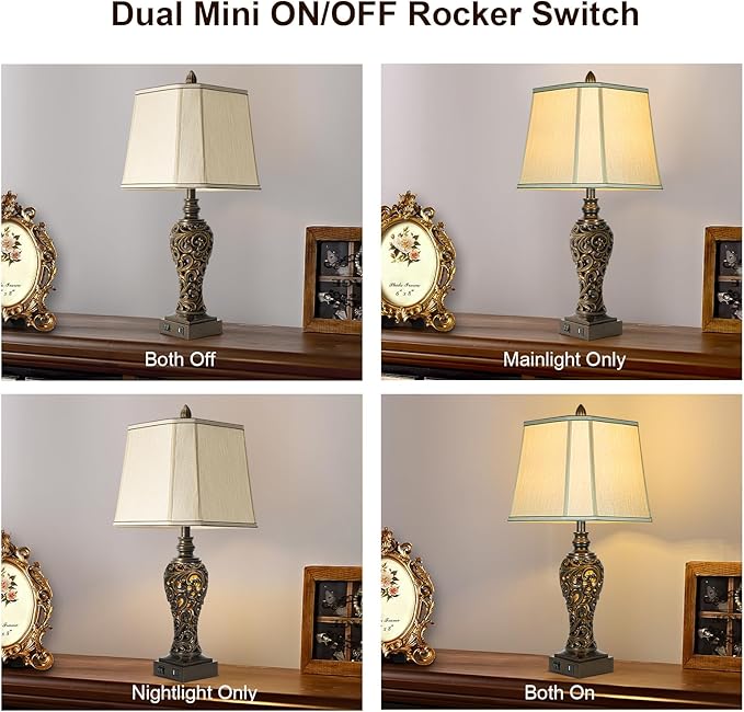LuxSight Collection 28.5" high Vintage Brown Table Lamps Set of 2 - Bedside Lamp with Faux Silk Shades - for Bedroom and Living Room with USB and Nightlight - Perfect for Nightstands and Bedrooms (Bulb Included) photo 5