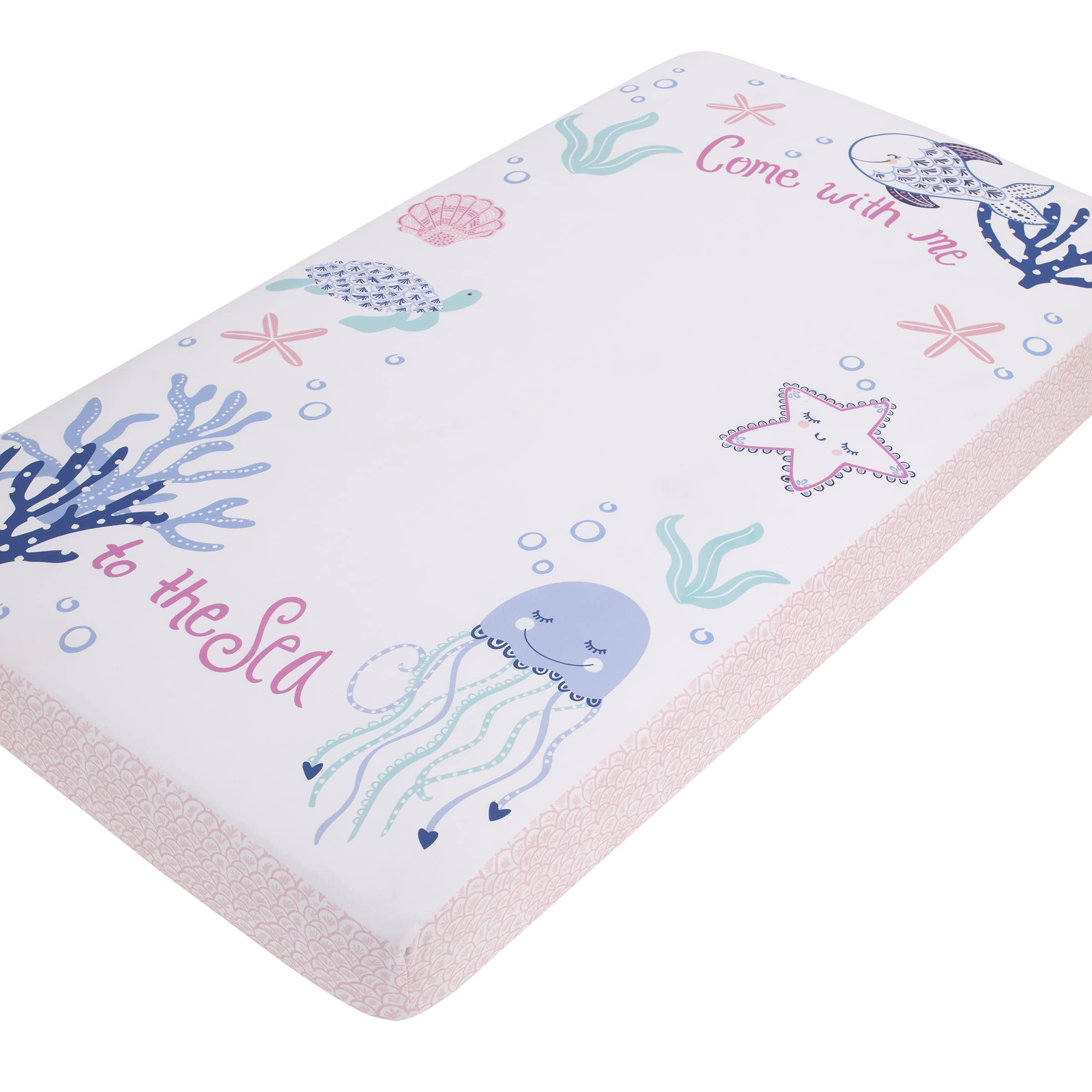 NoJoMermaid Lagoon Pink, Blue, and White Come with me to The Sea 100% Cotton Photo Op Fitted Crib Sheet
