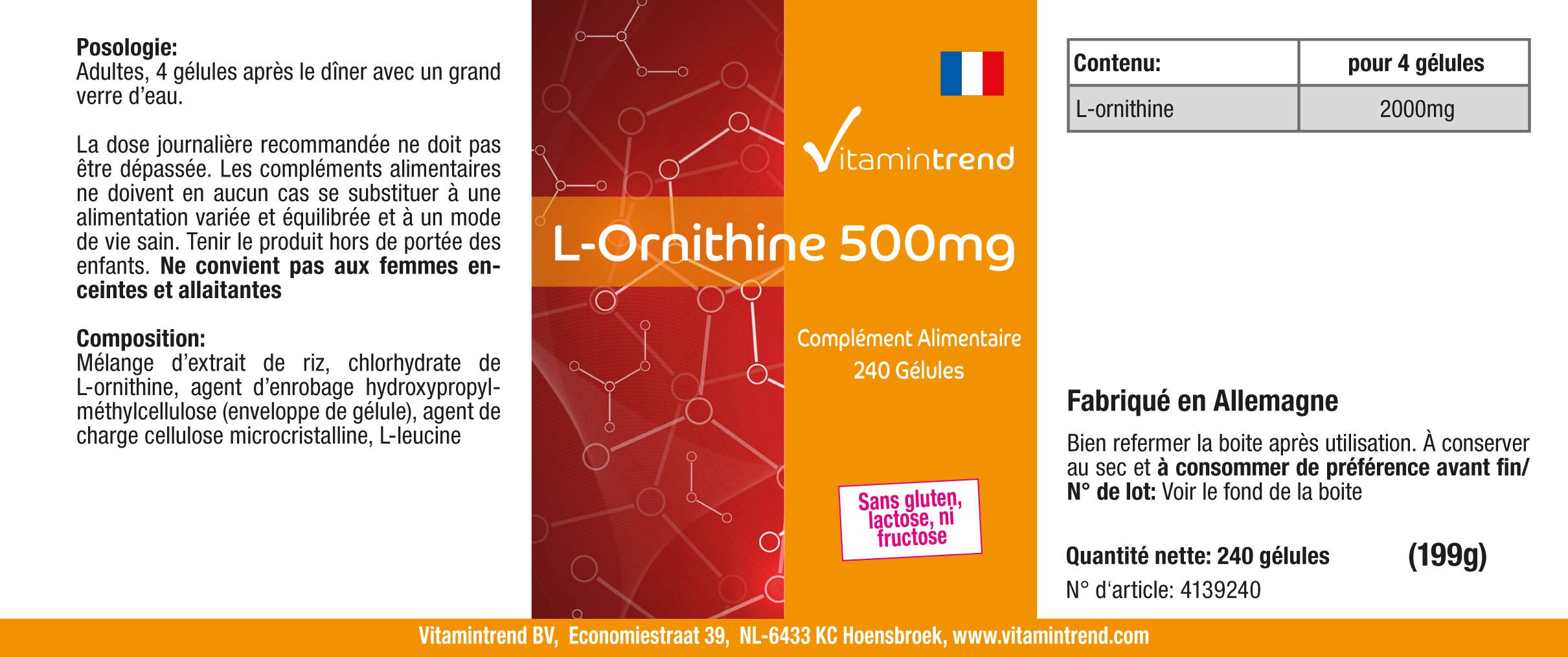 Vitamintrend L-ornithine 500 mg, 240 gélules, hautement dosé, complément alimentaire vegan sans stéarate de magnésium, fabriqué en Allemagne