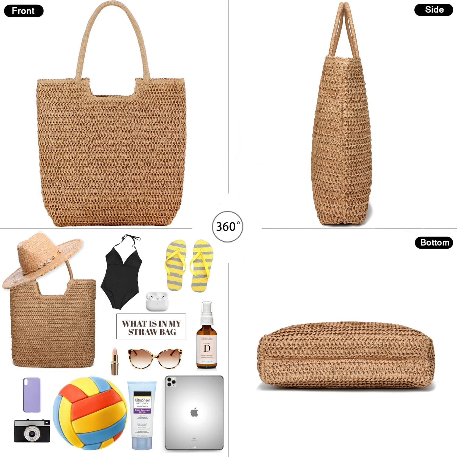 Straw Beach Bags for Women Woven Beach Tote Bag Casual Boho Large Shoulder Handbags Purse for Vacation Holiday - Image 3