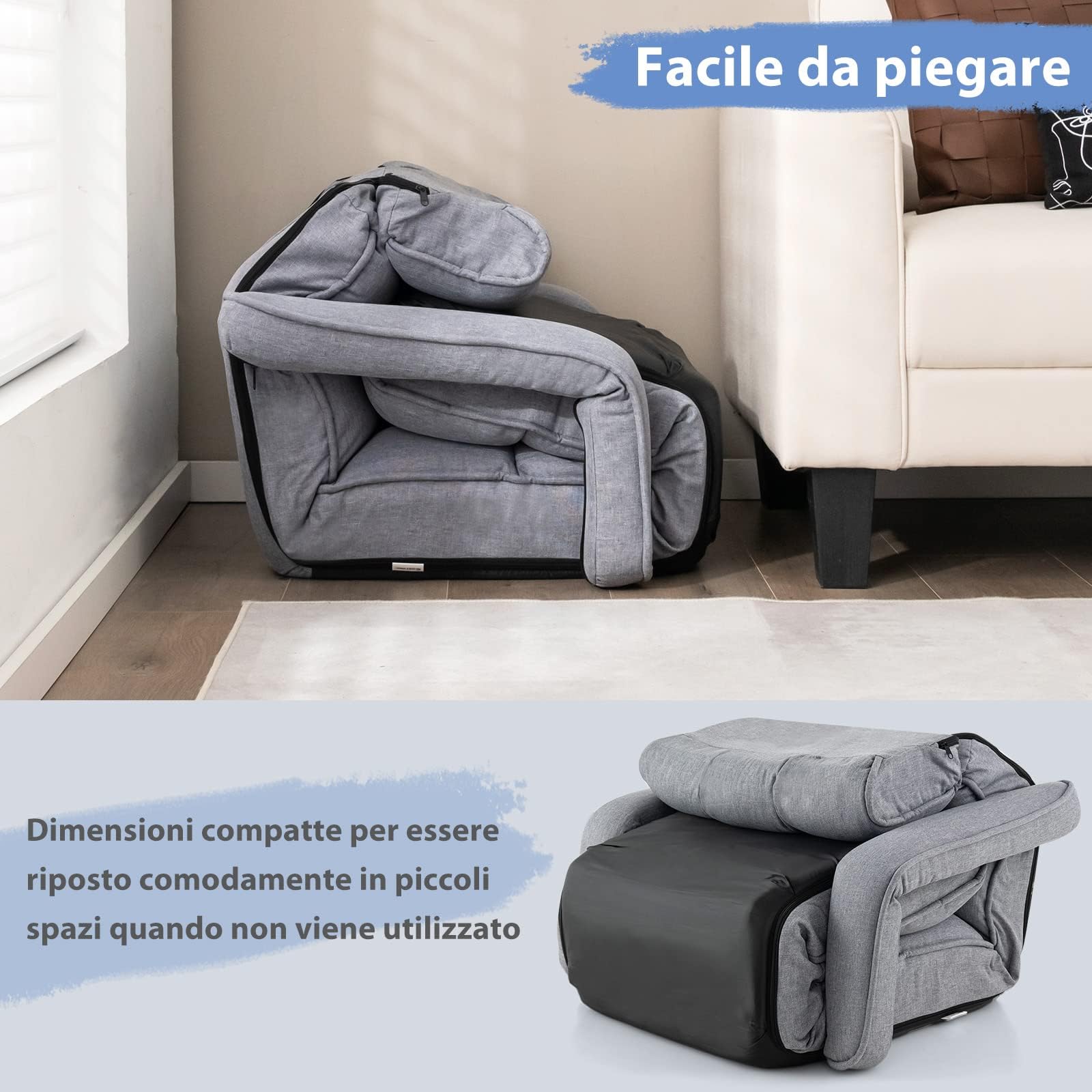 RELAX4LIFE Sedia da Pavimento Pieghevole, Chaise Longue Pieghevole, Poltrona Reclinabile, in 5 Posizioni, Struttura Interna in Tubo d'Acciaio (GRIGIO)