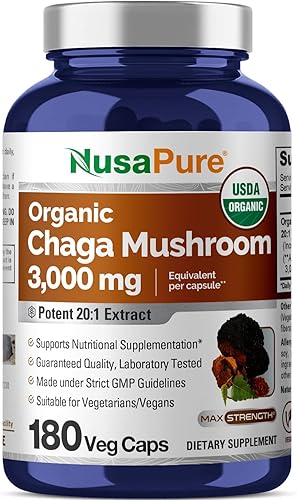 Miniatura 1 de NusaPure Champiñón Chaga 3000 mg por cápsula vegetariana, 180 unidades, USDA orgánico, extracto 201, vegano, sin OMG