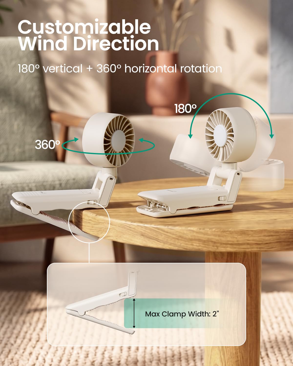 GROWNSY Ventilatore portatile per passeggino, ventilatore palmare Beige