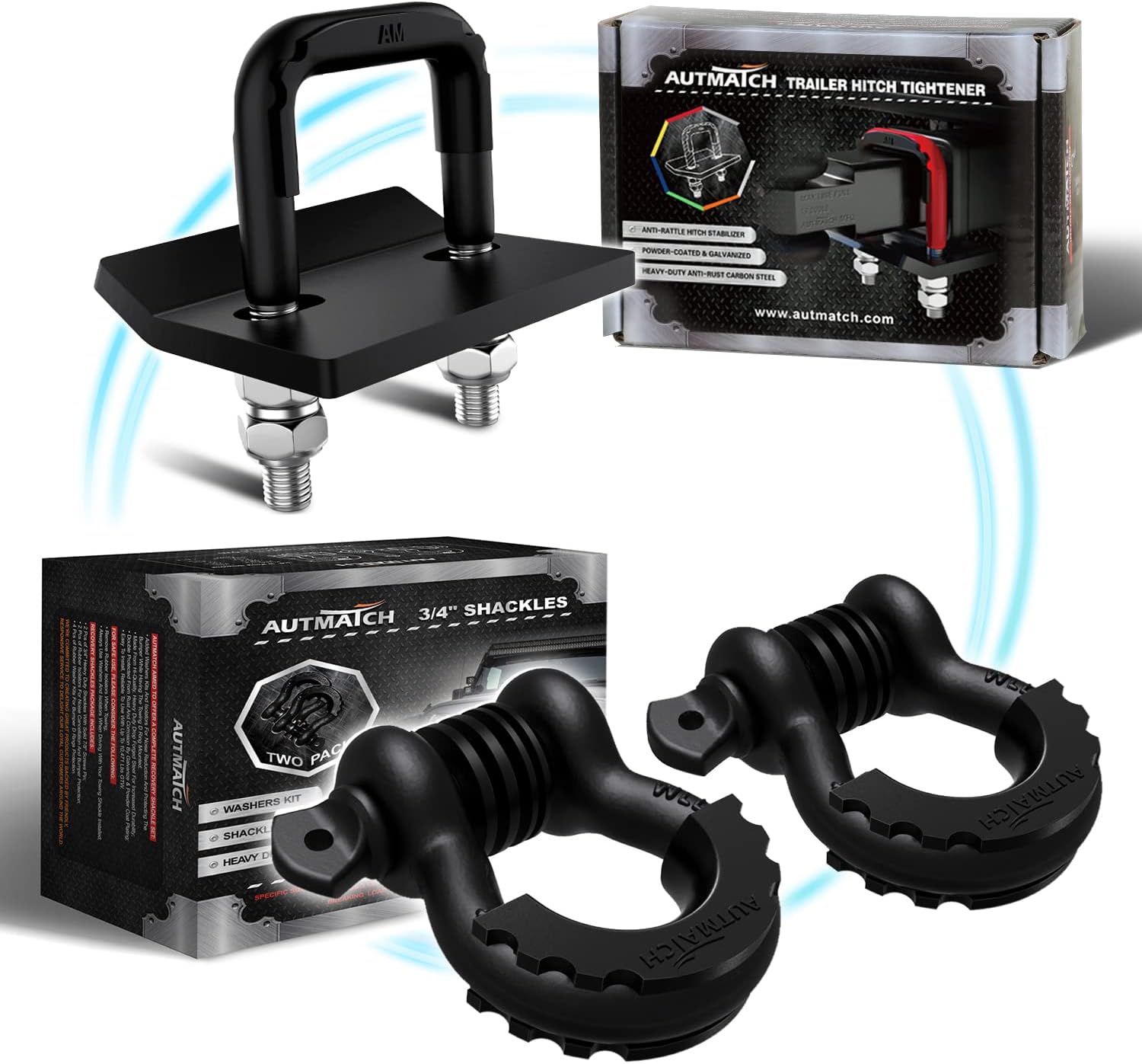 AUTMATCH 3/4" D Ring Shackle and Hitch Tightener Anti-Rattle Clamp with Rubber Isolator, Hitch Stabilizer for 1.25 and 2 inch Trailer Hitches Jeep Tow Strap Off Road Vehicle Recovery, Matte Black