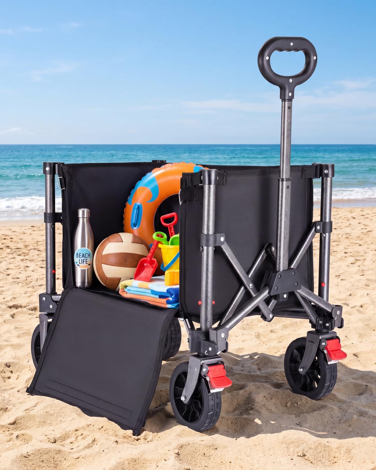 YEAUPE PRO Carrello pieghevole con freno di stazionamento, 70 l, 50 kg, carrello pieghevole in 4 direzioni, manico regolabile in altezza e apertura laterale per giardino, campeggio, spiaggia e