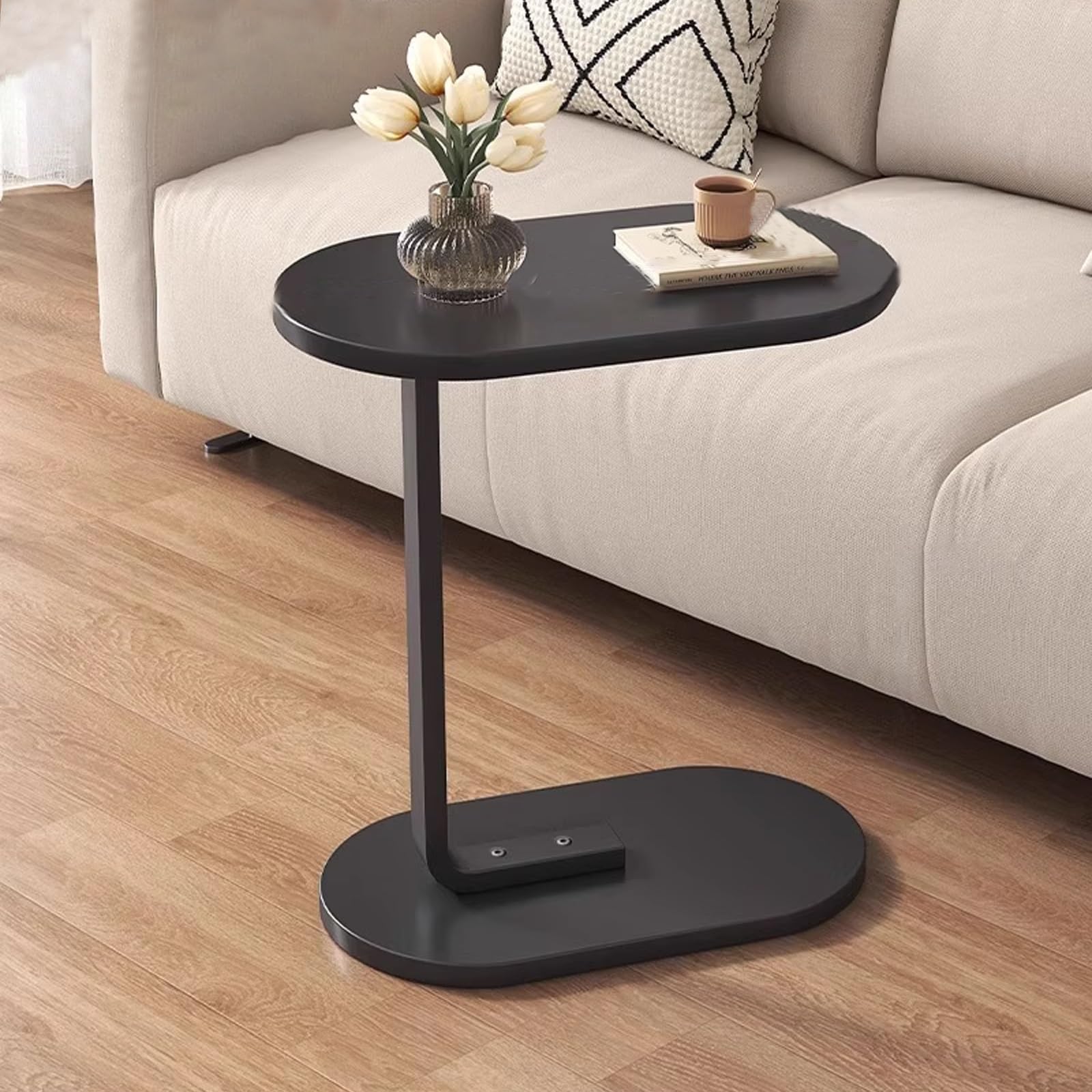 Mesa auxiliar alta en forma de C para espacios pequeños, mesa de centro minimalista moderna con estante de metal, parte superior curvada, fácil de instalar