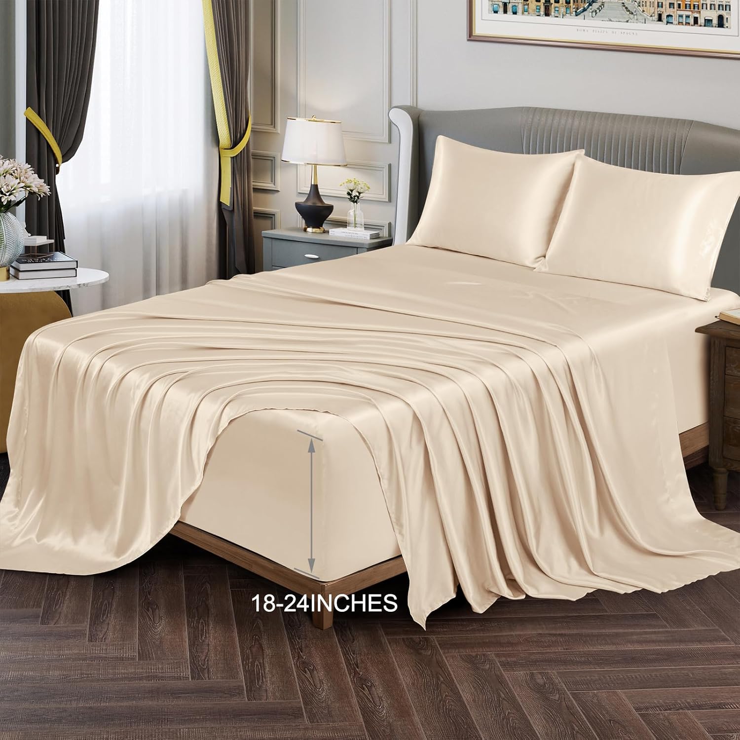 Vonty Satin Sheets Extra Deep Pocket Queen Sheet Sets - Cooling & Silky Satin Queen Size Sheets with 18-24 Inch Deep Pocket, Beige Satin Bed Sheets Fit Up to 24" Deep Mattress - 4 Piece