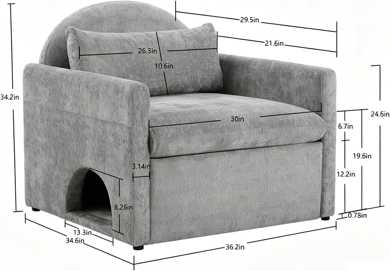 36" Chenille Accent Chair with Built-in Cat Tunnel, Modern Armchair with Entry Pet Cave & Nest, Single Sofa, Modern Pet Friendly Furniture(Grey)