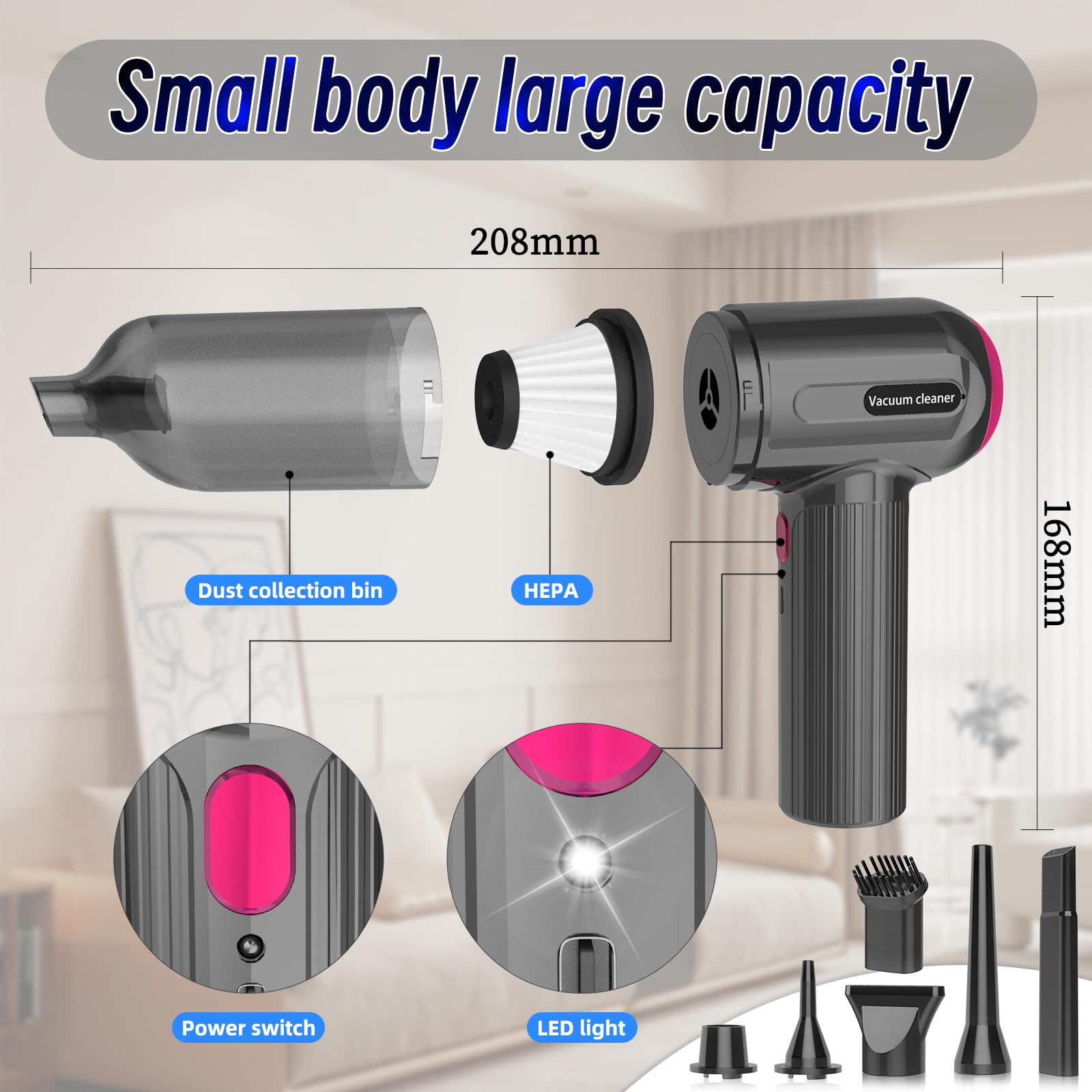 Dealswin 4 in 1 Mini Aspirapolvere per Computer 9 KPA Aspirabriciole Auto Senza Fili, 80000 Giri/Min 3-Gear Soffiatore Portatile Elettrico Rimuovi Polvere Aria Compressa per PC, Divano, Casa, Ufficio