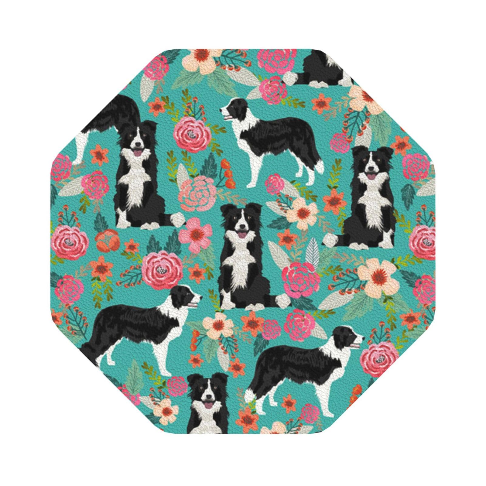 Border Collie Florals PU Leather Coasters Set of 6 Octagon Drink Coasters