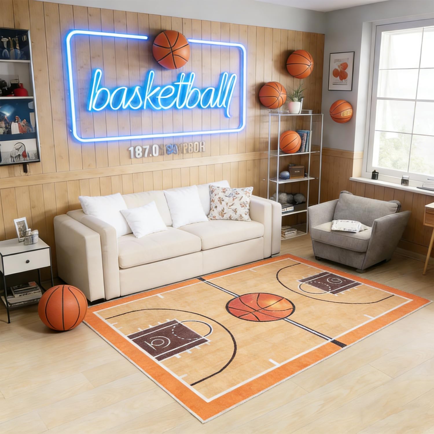 Basketball Area Rug 3x5 Feet Basketball Court Rugs for Bedroom Playroom Non-Slip Sports Themed Carpet Game Room Mat Washable Floor Mat