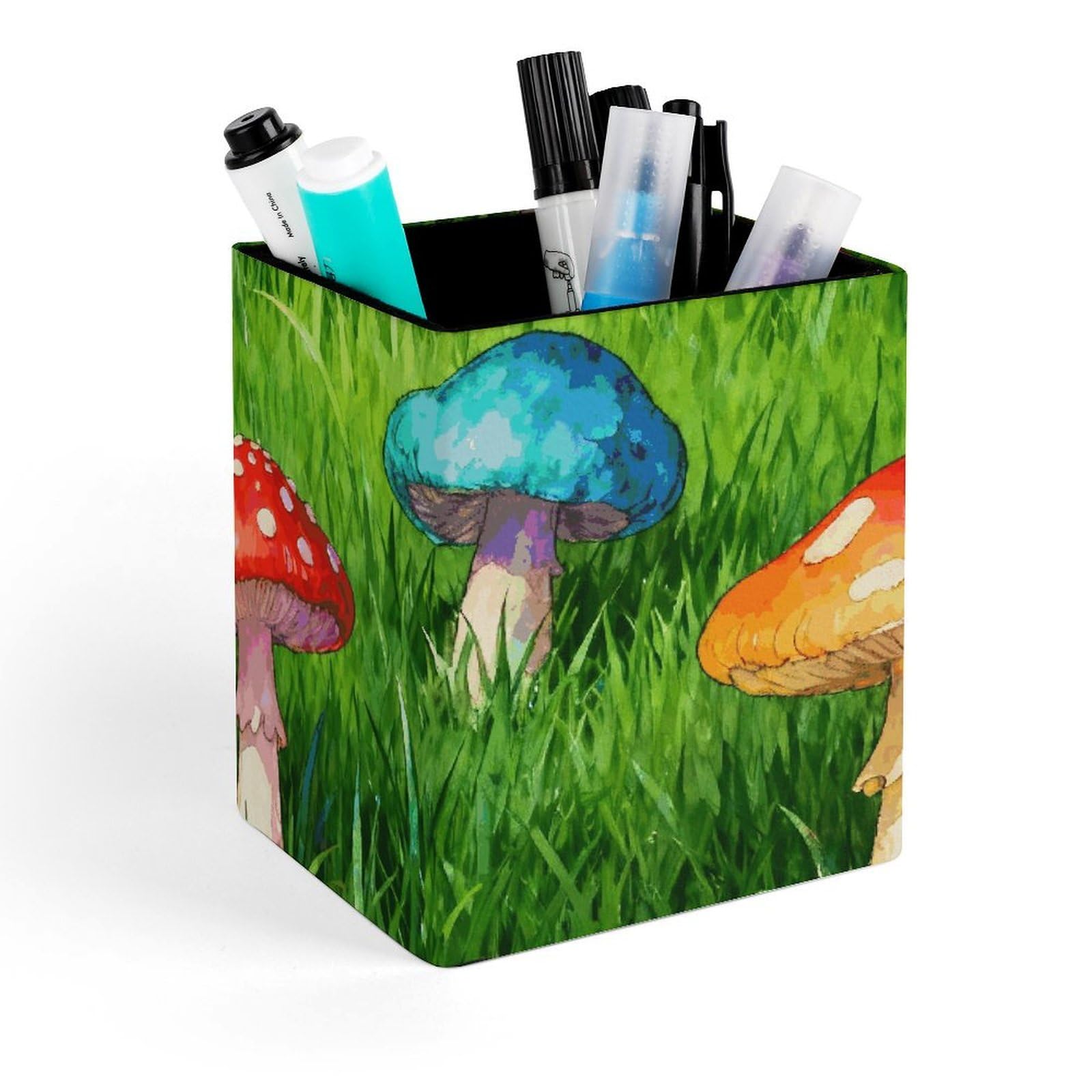 DWVTSLH Aesthetic Pen Holder for Desk - Modern Leather Pencil Holder - Stylish Square Makeup Brush Holder - Mushroom Forest Green Pen Cup Cute And Functional Desk Organizer for Office Supplies