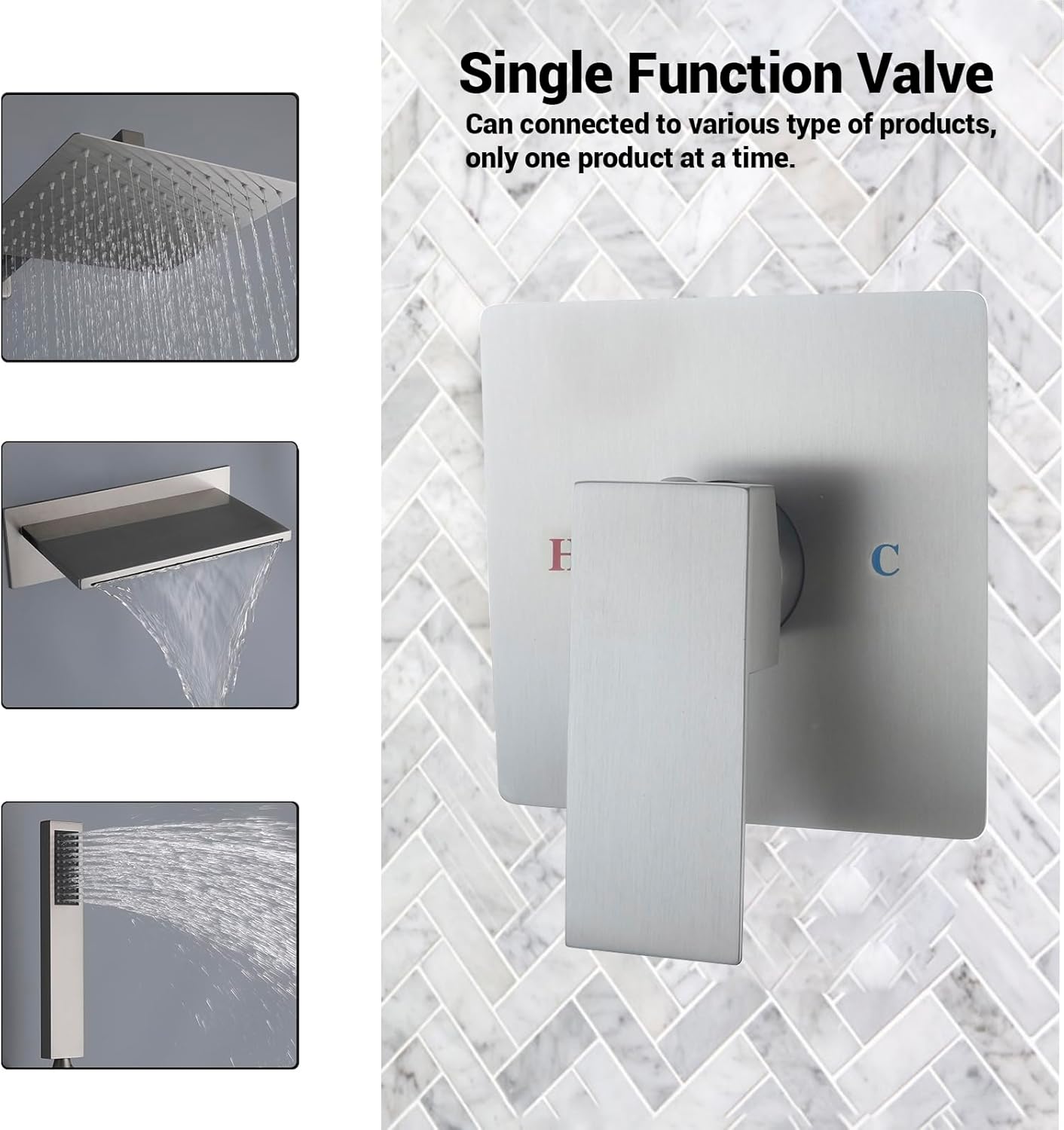 Single Function Shower Valve Wall Mount Shower Handle Valve Trim Kit Brass Single Handle Square Shower Mixer Valves Kit Rough-In Valves, Brushed Nickel
