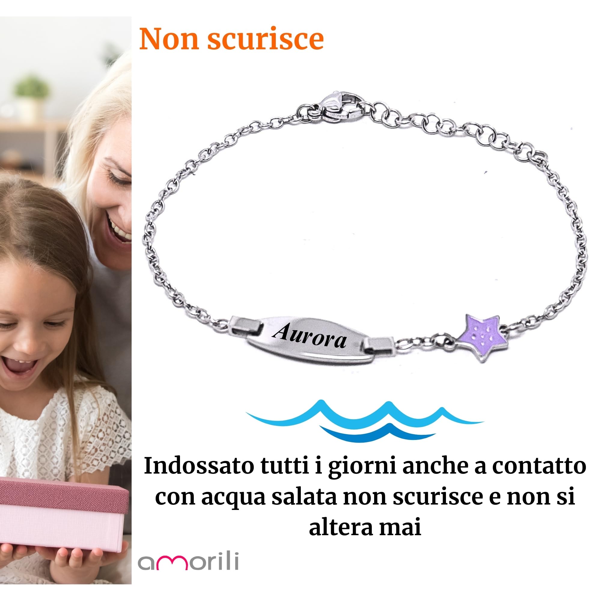 amorili Bracciale Bambina con Stellina Personalizzabile – Acciaio Inox Anallergico – Idea Regalo Battesimo, Compleanno, Nascita – Made in Italy bcc3106