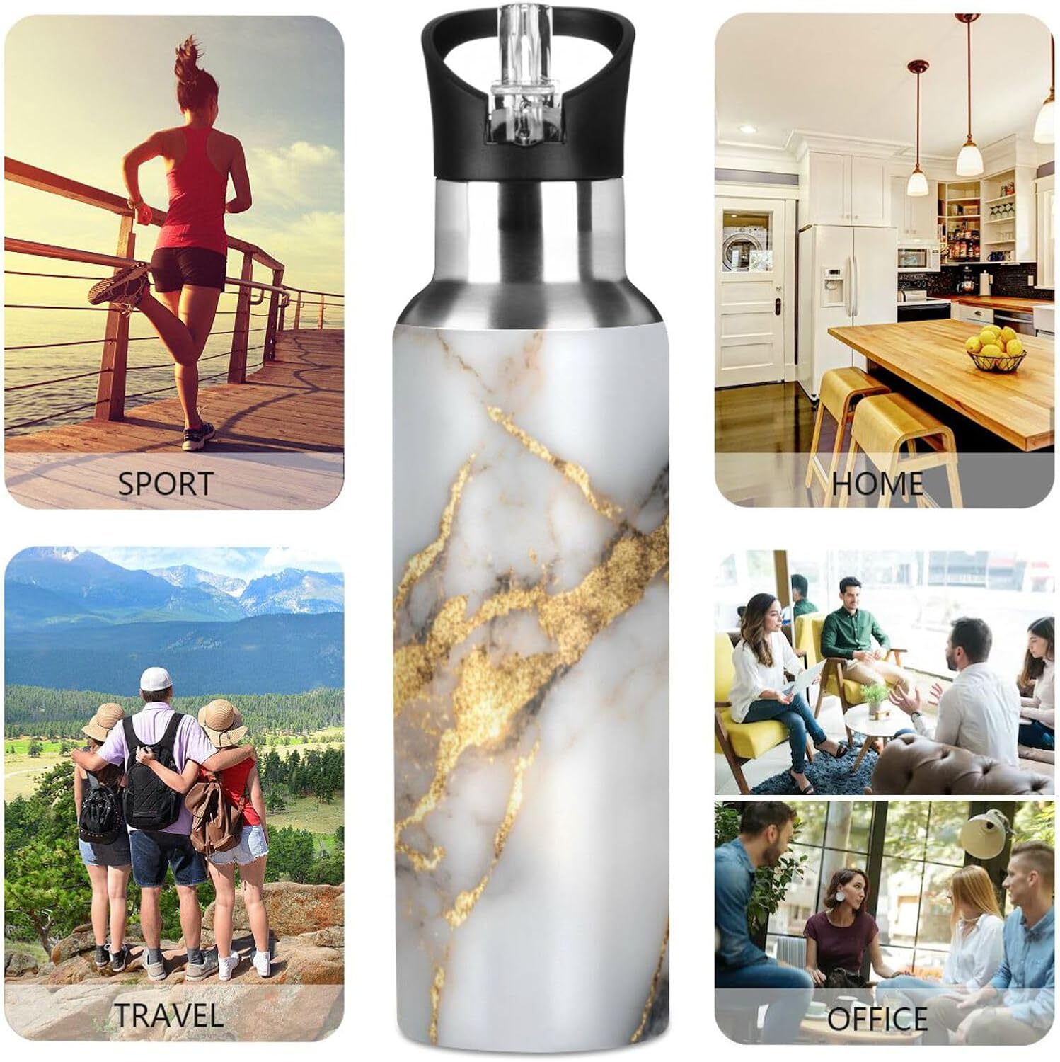 ALAZA White Gold Marble Water Bottle with Straw Lid Vacuum Insulated Stainless Steel Thermo Flask Water Bottle 32oz