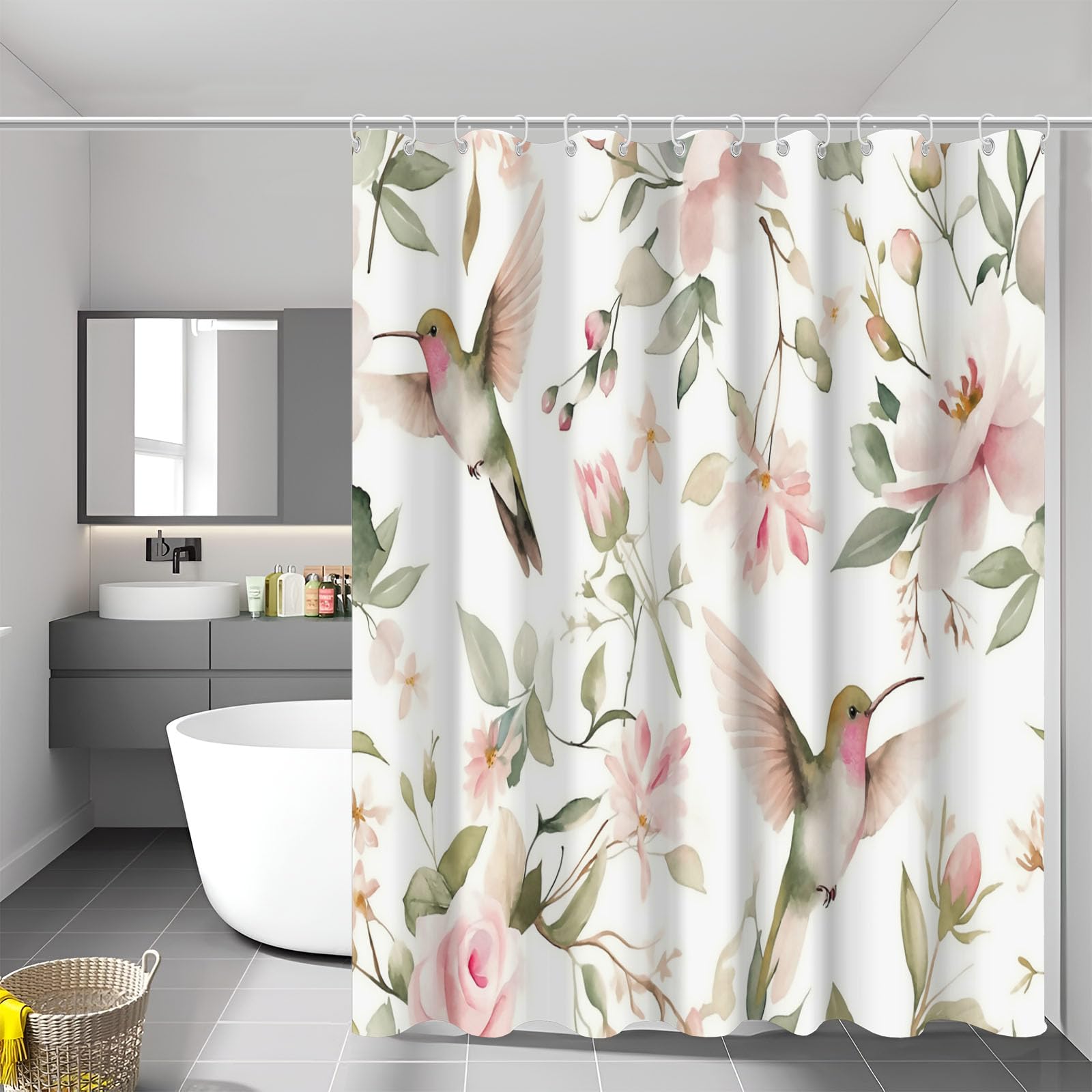 Rideau de douche anti éclaboussures en tissu polyester fleurs colibris pour sol toujours sec
