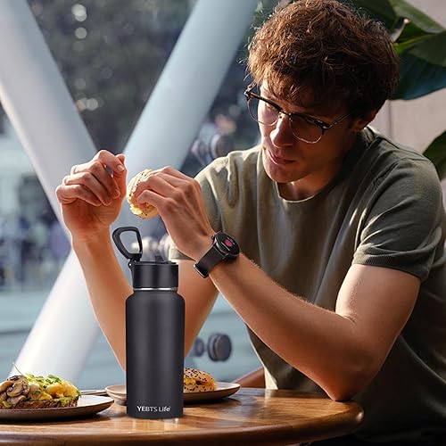 Miniatura 6 de Botella de agua aislada con popote, botella de agua deportiva de acero inoxidable aislada al vacío de 32 onzas, mantiene el frío y el calor, botella