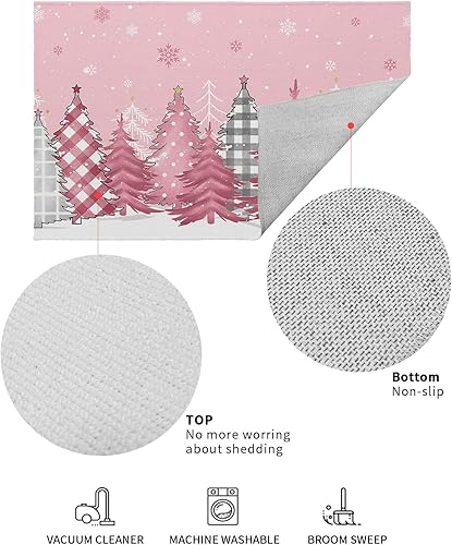 Miniatura 3 de Savannan Tapetes para suelo, árbol de Navidad a cuadros, copos de nieve, fondo rosa, antideslizante, parte trasera de látex, ultrafina, para