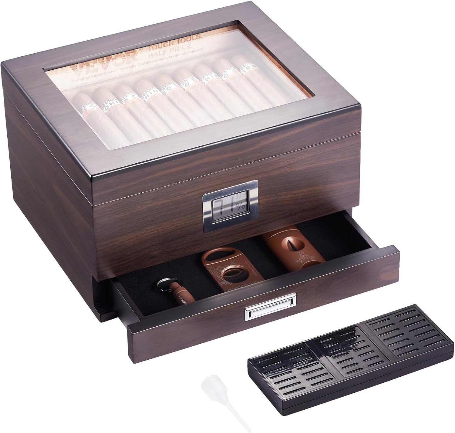 NEEDONE Cigar Humidor, Wooden Cigar Humidor Box with Lock for 25-50 Counts w/Humidifier, Divider, Digital Hygrometer, Drawer, Spanish Cedar Wood Desktop Case, Gifts for Men Father Husband
