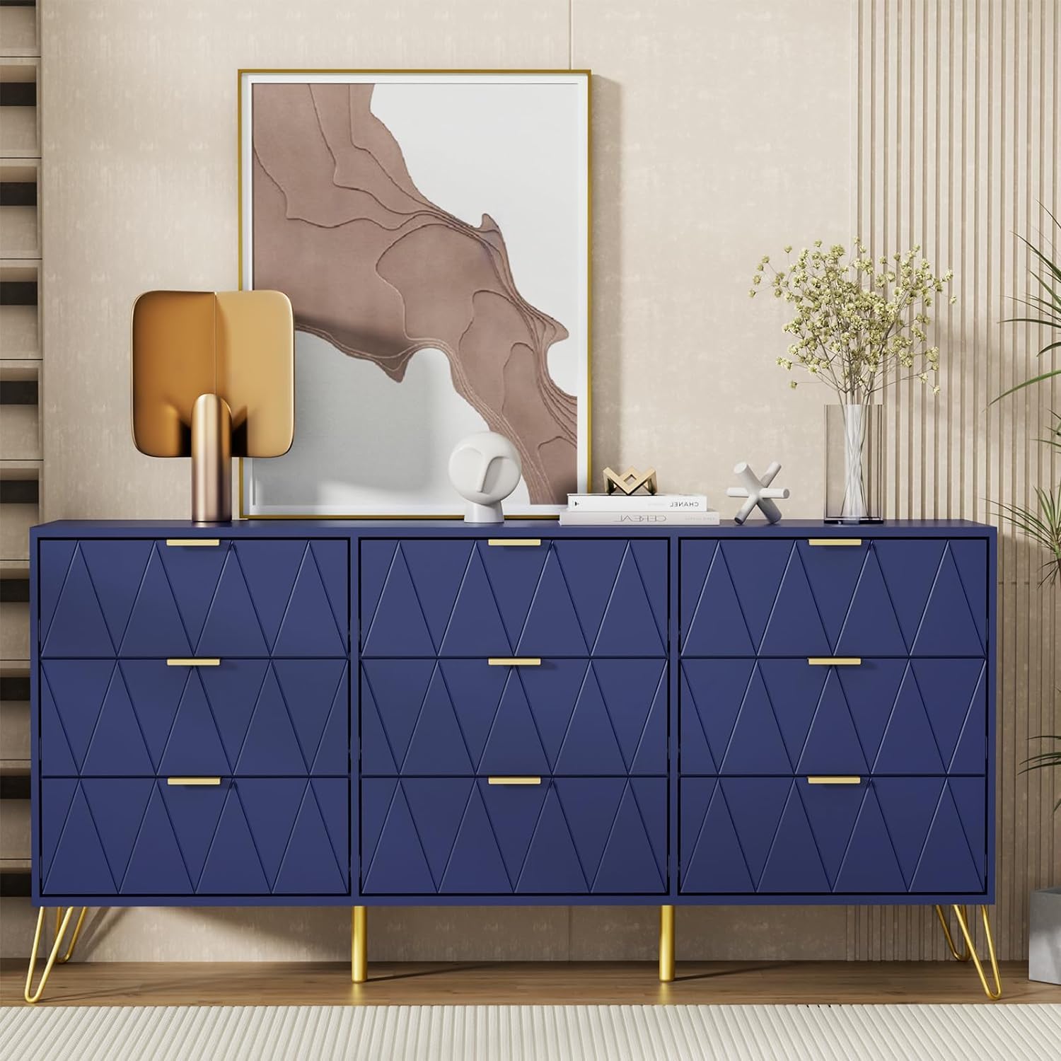 Commode Étroite UEV 9 Tiroirs 150cm - Rangement Salon/Chambre - Motif Bois Naturel - Pieds Métal - 150x34x72cm