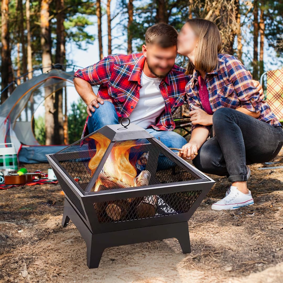 Trueshopping Czarny kwadratowy zewnętrzny stalowy palenisko z pokrywą z siatki - kosz miska kominek palenisko - kłoda, drewno i węgiel drzewny grzejnik ogrodowy na patio - grill i poker w zestawie