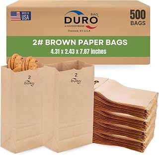 Duro 2# Brown Paper Lunch Bags 500 Count Bulk - SOS Small Kraft Bags for Snacks, Candy, Treats, Crafts (4.31x2.43x7.87")