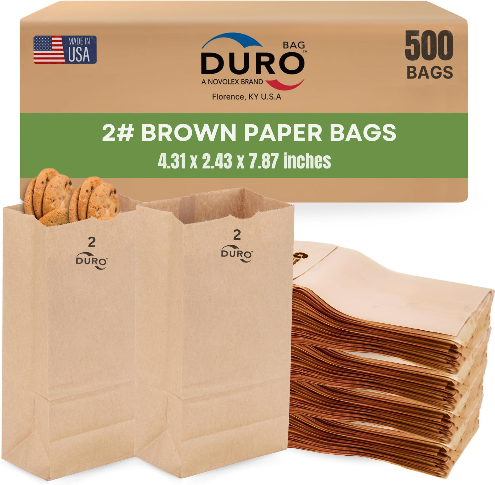 Duro 2# Brown Paper Lunch Bags 500 Count, Bulk Disposable Brown Paper Bags, SOS Small Lunch Bag for Candy, Snacks & Treats - 4.31 x 2.43 x 7.87 Inches