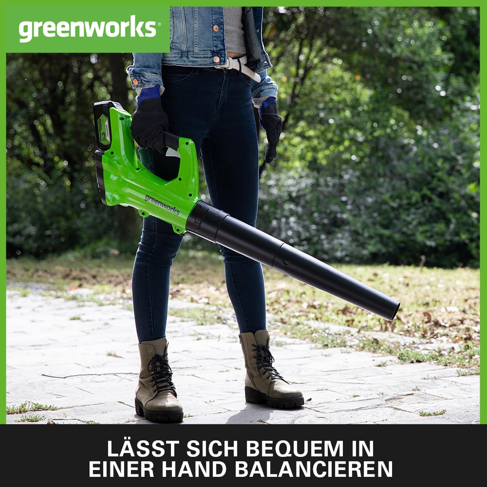 Greenworks G24ABK2 Axial Akku Laubbläser, 156 km/h, 4,27 m³/min, 24V 2Ah Batterie & Ladegerät, 3 Jahre Garantie