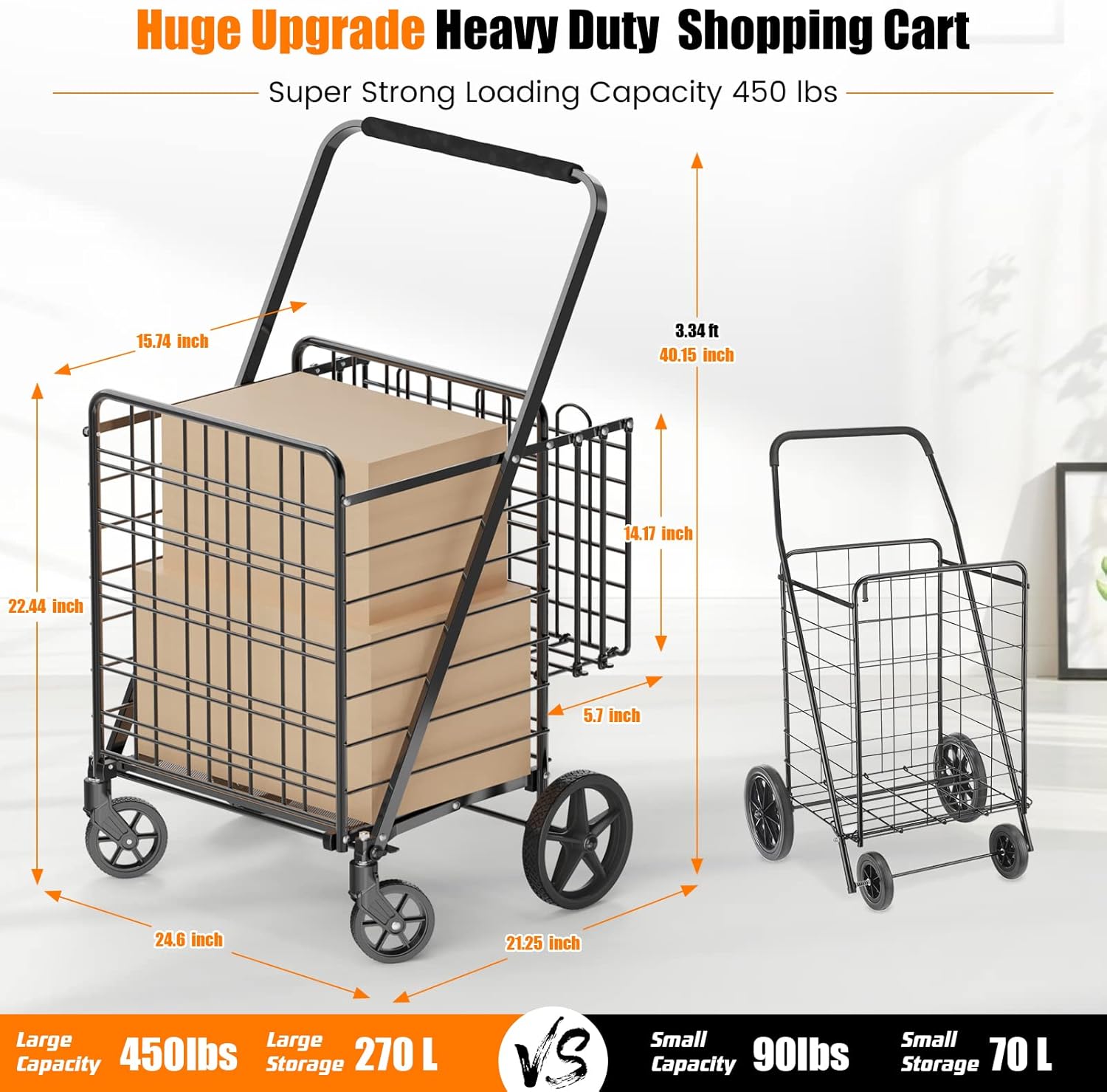 455lbs shopping cart for groceries, large heavy duty grocery cart on wheels, folding dual basket utility carts with waterproof liner, shopping carts for transport, laundry, gift, luggage extra large
