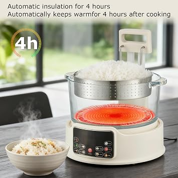 Low Sugar Rice Cooker - Multifunctional Low Carb Rice Cooker(White 3L) | 3-Cups Uncooked with Auto-Lift Basket, Preset &Timer, Smart Glass Rice Cooker with Steaming, Boiling and Hotpot in One