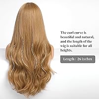 Vista 22 de HAIRCUBE Peluca de color marrón a rubio con flequillo para mujer, peluca de cabello largo ondulado marrón y rubio, pelucas sintéticas rizadas