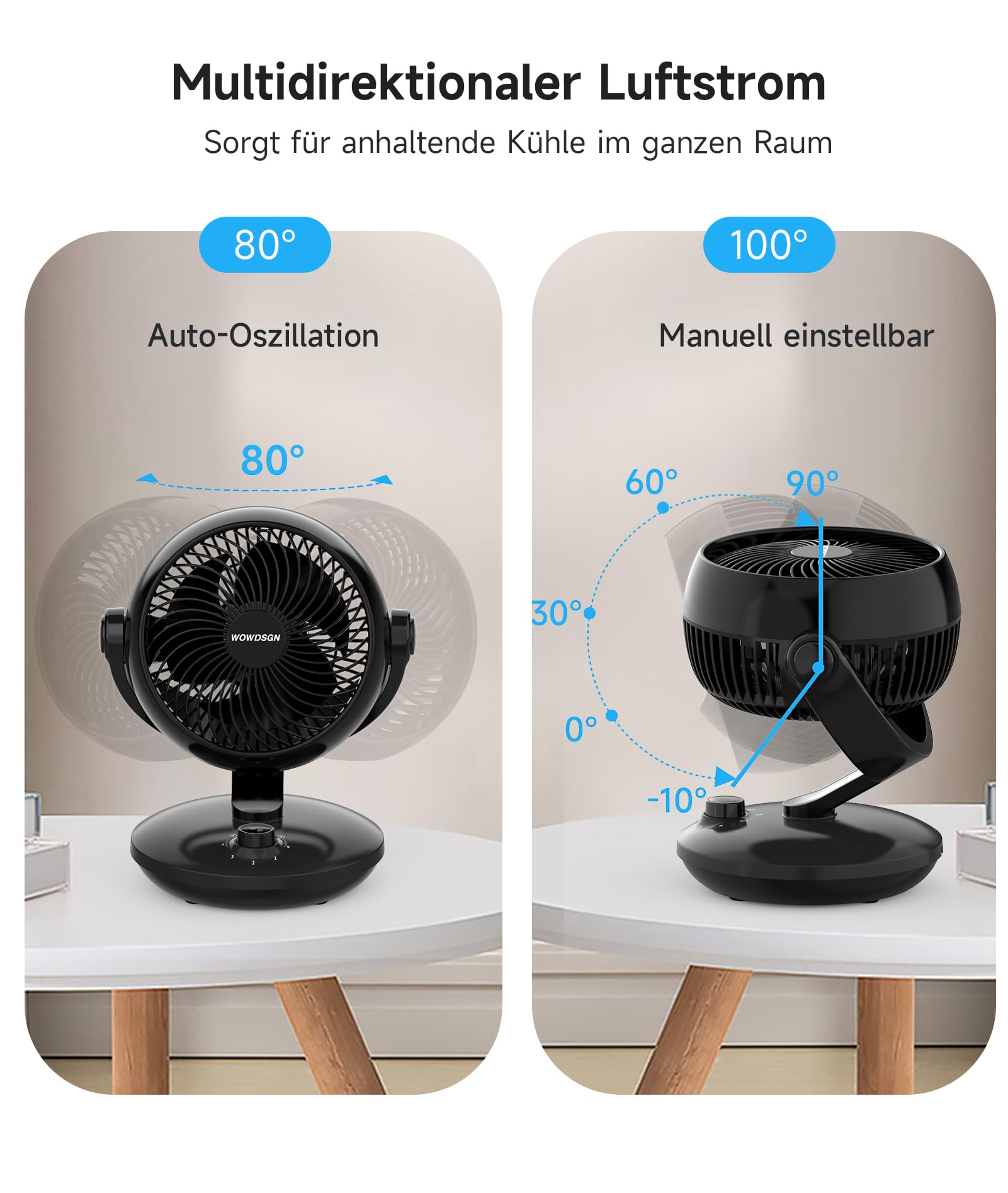 WOWDSGN Tischventilator 24dB 3D Turbo-Luftzirkulator 100° 80° Oszillation 3 Geschwindigkeitsstufen Schwarz